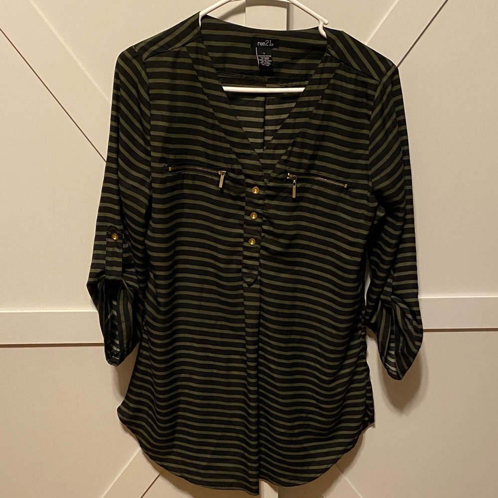 Rue21 Olive and Black Striped Roll-Sleeve Henley Blouse